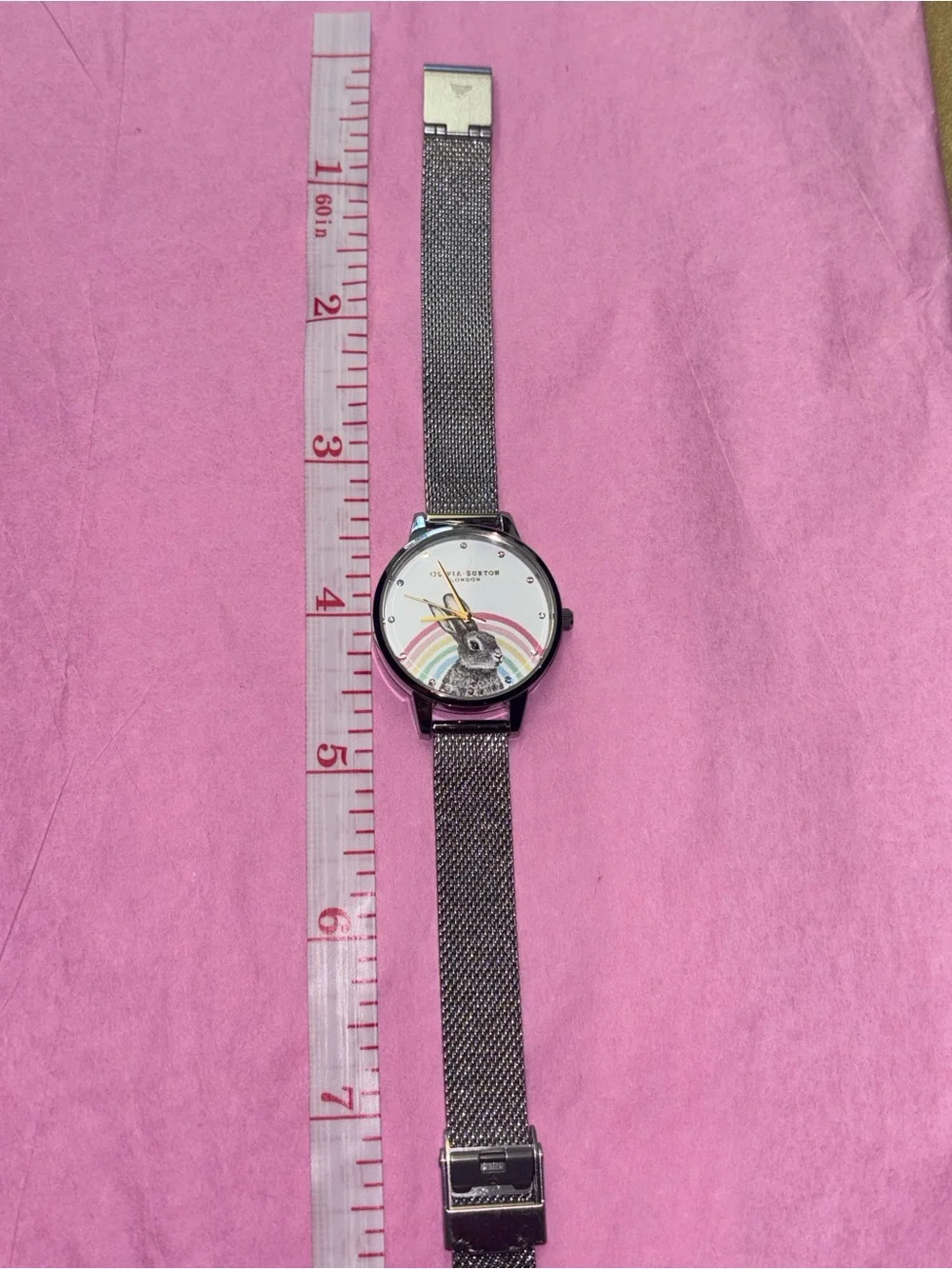 OLIVIA BURTON Silver Mesh Watch with Rainbow Bunny Motif